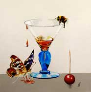 SIPPING LIQUER WITH THE PURPLE EMPEROR - OIL ON CANVAS  image size 8" x 8"