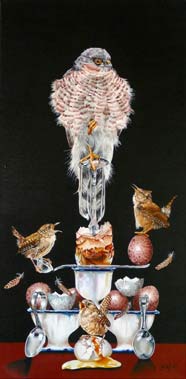 THE SUPPLICANT SONGBIRD - OIL ON CANVAS  image size 12" x 24"