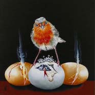 A PLOT TO HATCH MURDER - OIL ON CANVAS  image size 8" x 8"